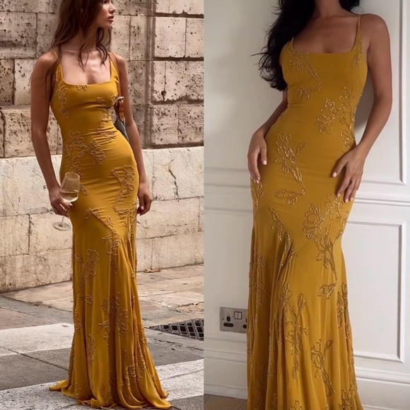 House of CB Dresses & Skirts - HOUSE OF CB 'Rosalia' Gold Embellished Hand Beaded Maxi Dress/Size L NWOT